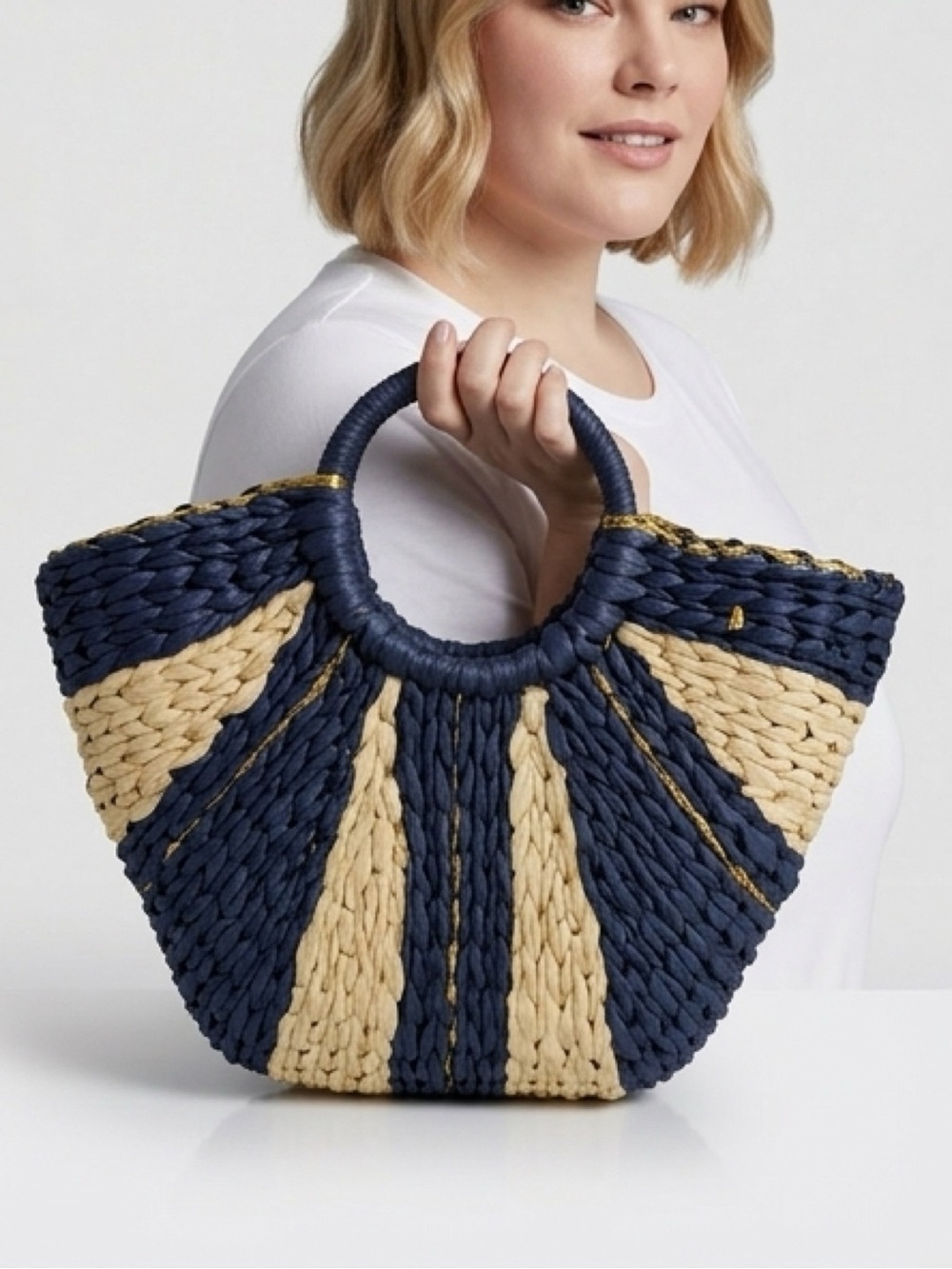 Navy and Natural Woven Straw Tote Bag